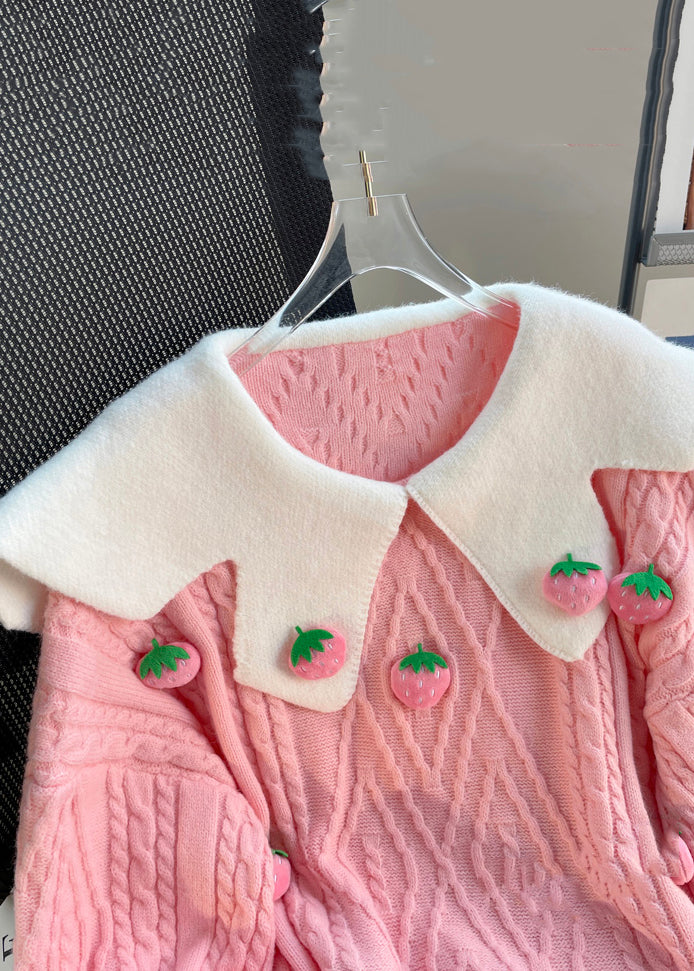 Pink Strawberry Patchwork Cozy Knit Tops Winter