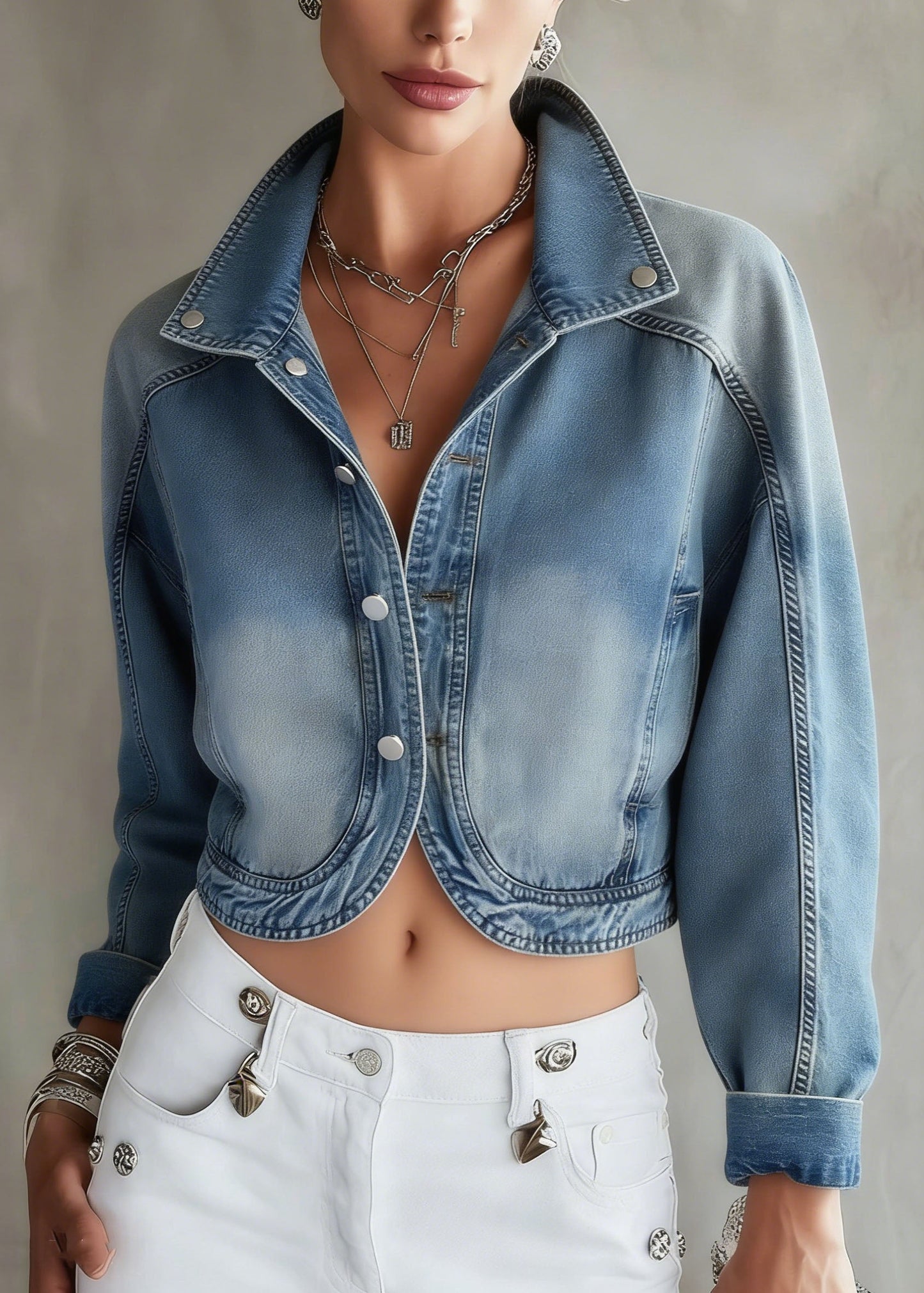 Blue Stand Collar Button Patchwork Denim Coat Spring