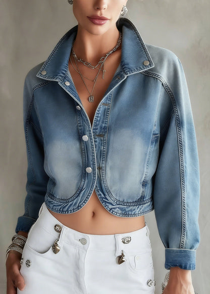 Blue Stand Collar Button Patchwork Denim Coat Spring