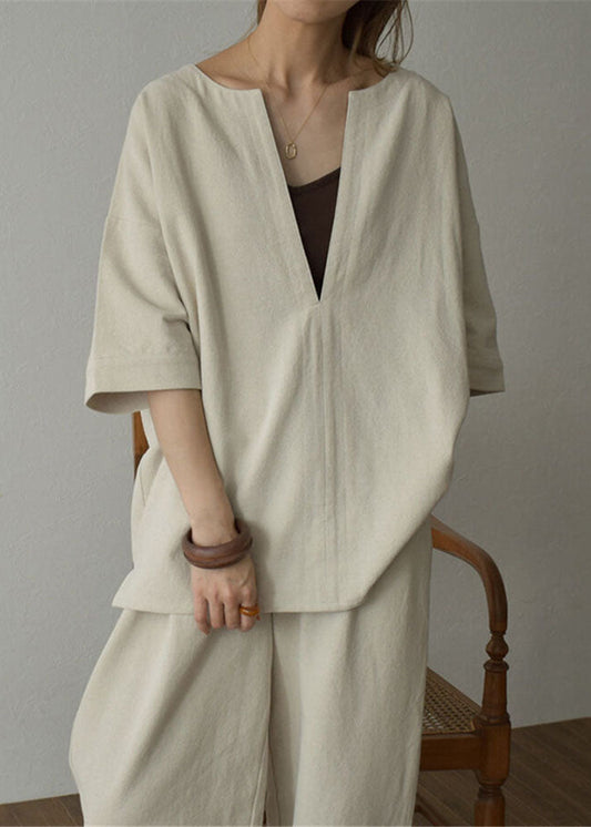 Apricot V Neck Tops and Pants Cotton Two Pieces Set Summer