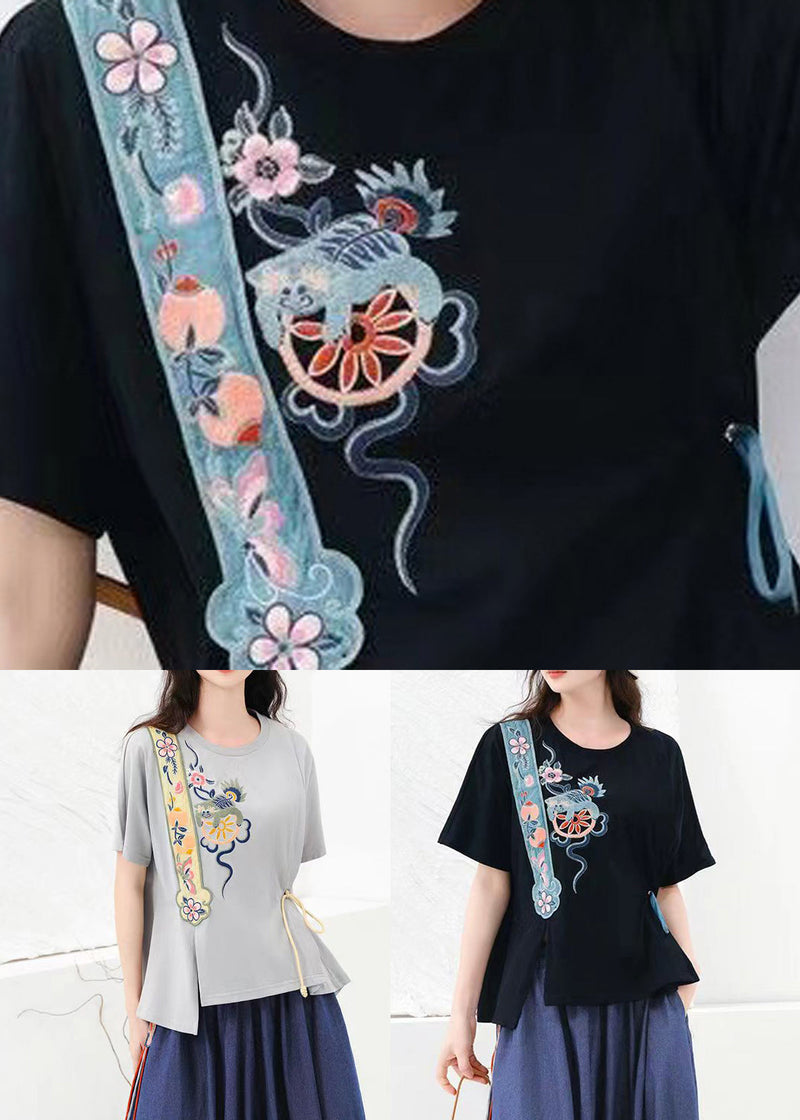 Black O Neck Embroideried Cotton T Shirt Top Summer