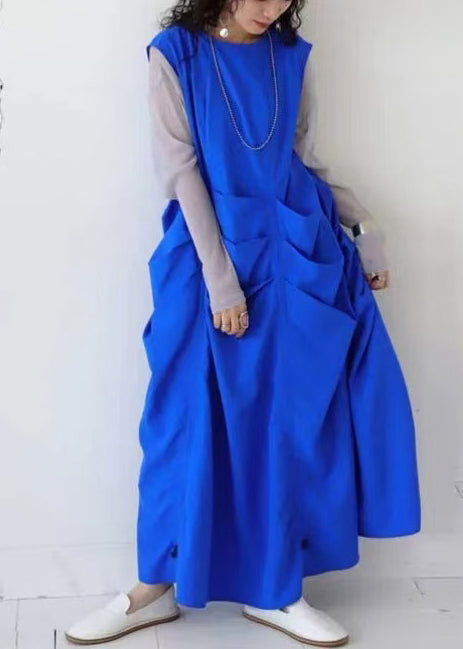 Blue Oversized Wrinkled Cotton Vacation Dresses Sleeveless Fall