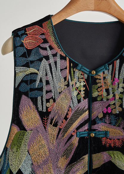 Handmade Black Embroideried Chinese Button Silk Velour Vests Fall