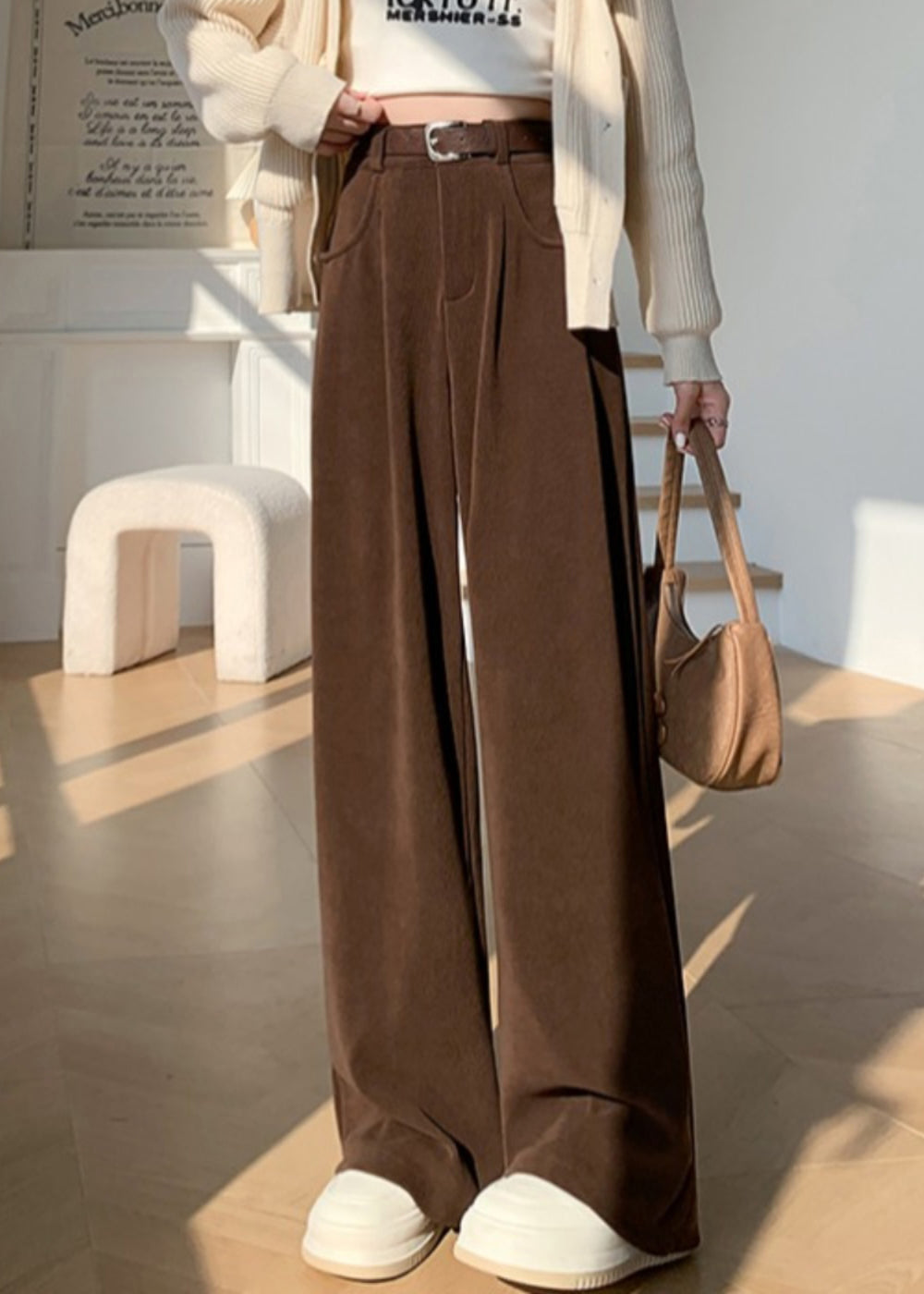 Italian Red Pockets Wrinkled Corduroy Warm Fleece Wide Leg Pants Winter