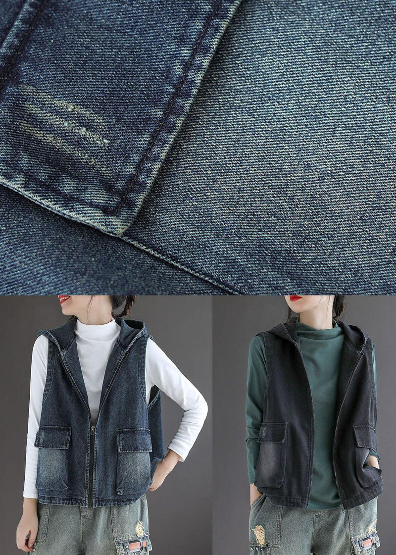French Black Denim Hooded Patchwork Fall Waistcoat Sleeveless