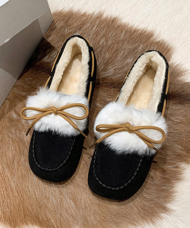 Black Fuzzy Wool Lined Splicing Penny Loafers
