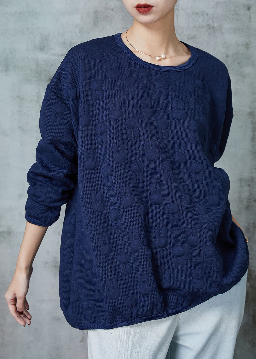 Navy Oversized Jacquard Cotton Pullover Sweatshirt Spring