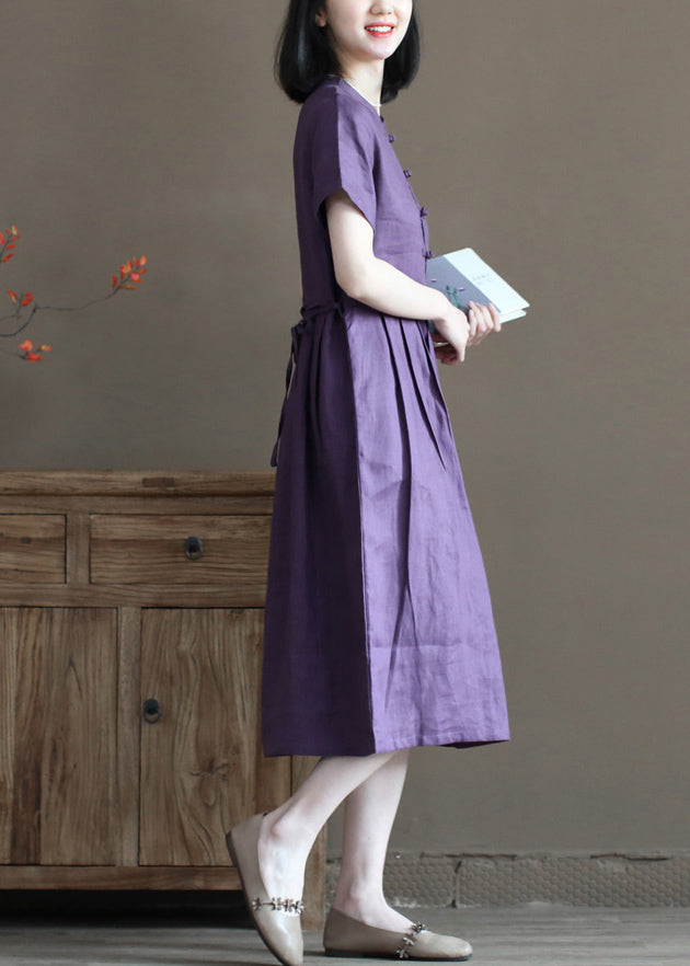 Purple Stand Collar Cinched Button Linen Cinch Dress Short Sleeve