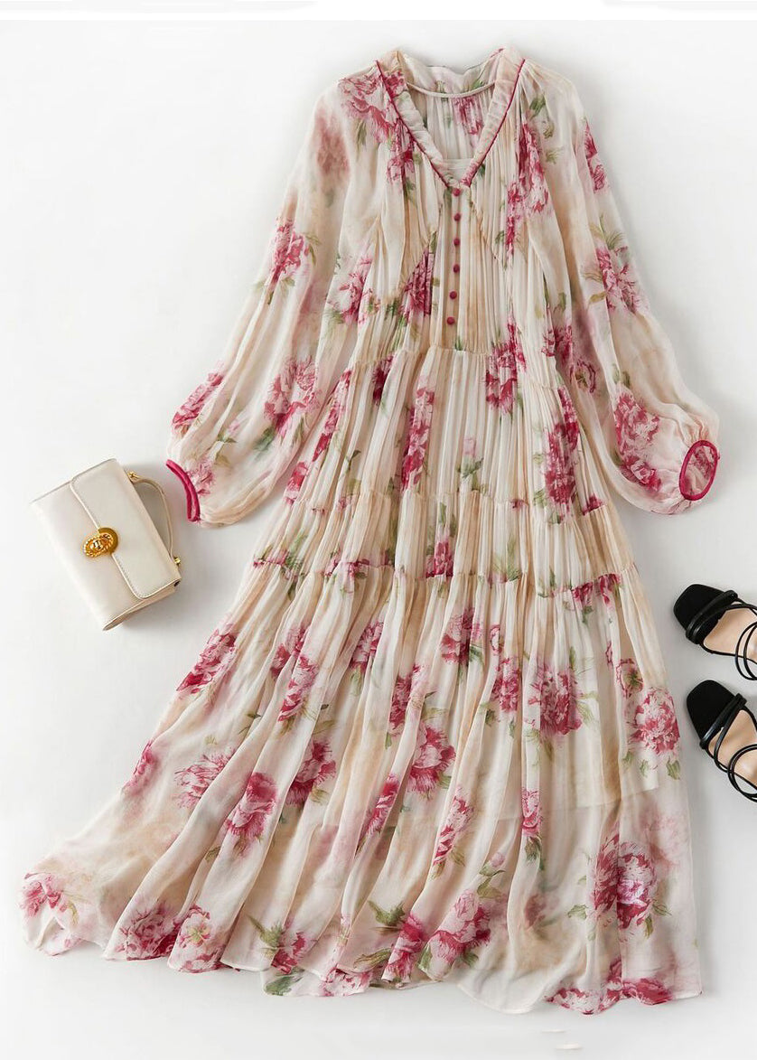 Apricot V Neck Print Wrinkled Chiffon Two Pieces Set Spring