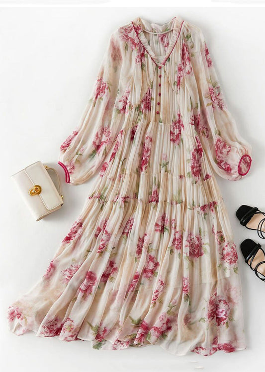Apricot V Neck Print Wrinkled Chiffon Two Pieces Set Spring