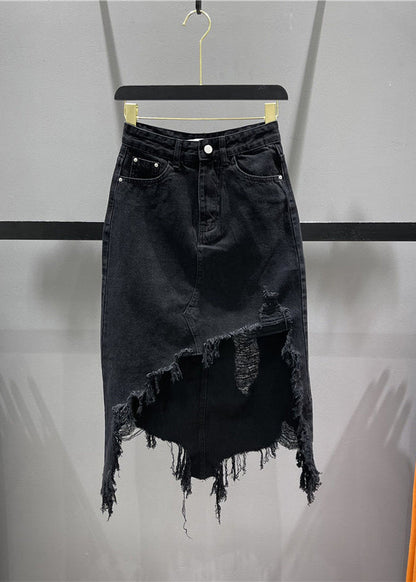 Blue Asymmetrical Pockets Tassel Hole Denim Skirts