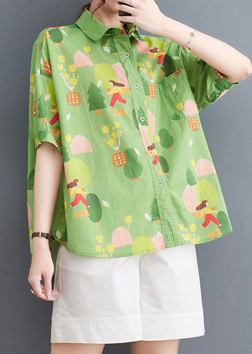 Green Peter Pan Collar Print Patchwork Cotton Shirt Tops Summer