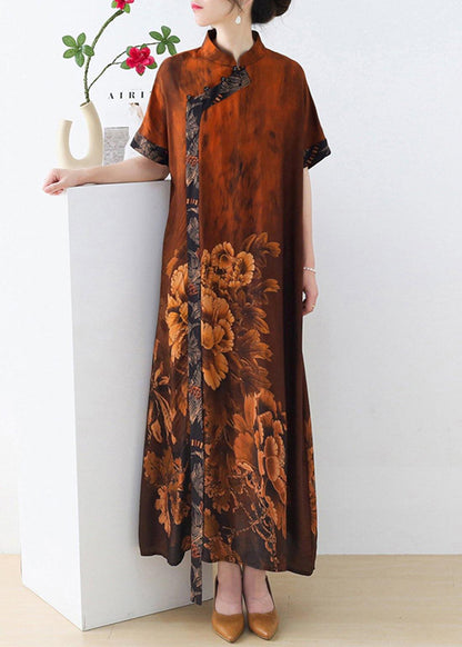 Red Print Chiffon Peony Oriental Summer Dress