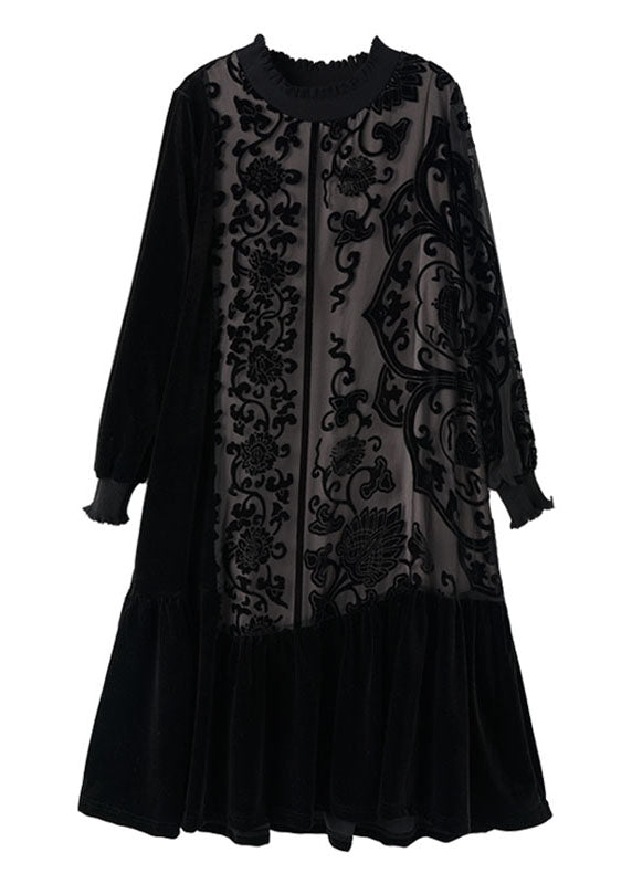 Black O-neck Embroidered Patchwork Silk Velour Maxi Dress Long Sleeve
