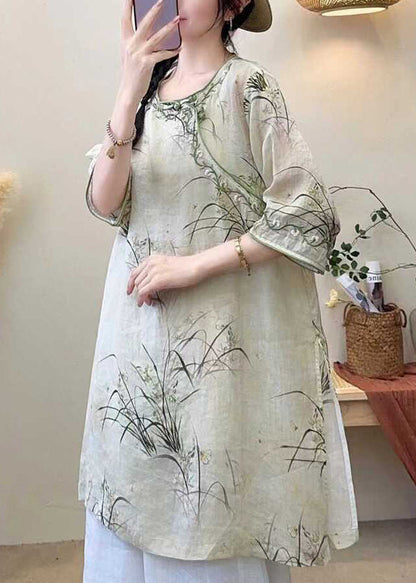 Light Green Print Side Open Linen Shirt Half Sleeve