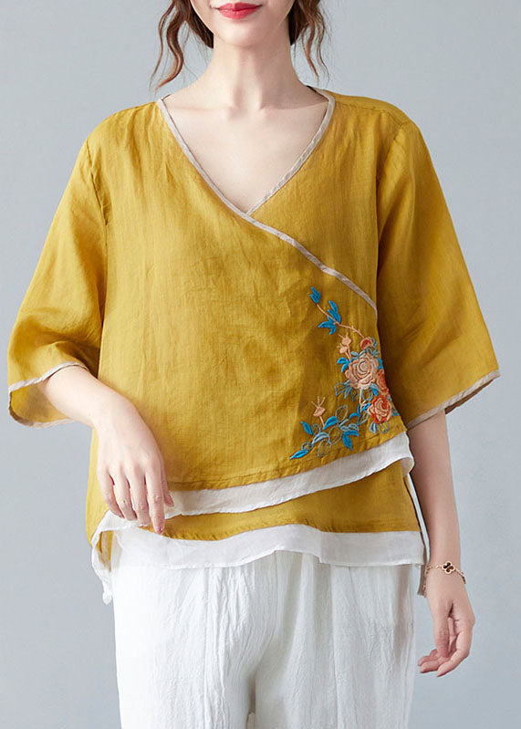French White Bamboo V Neck Asymmetrical Design Shirt Spring