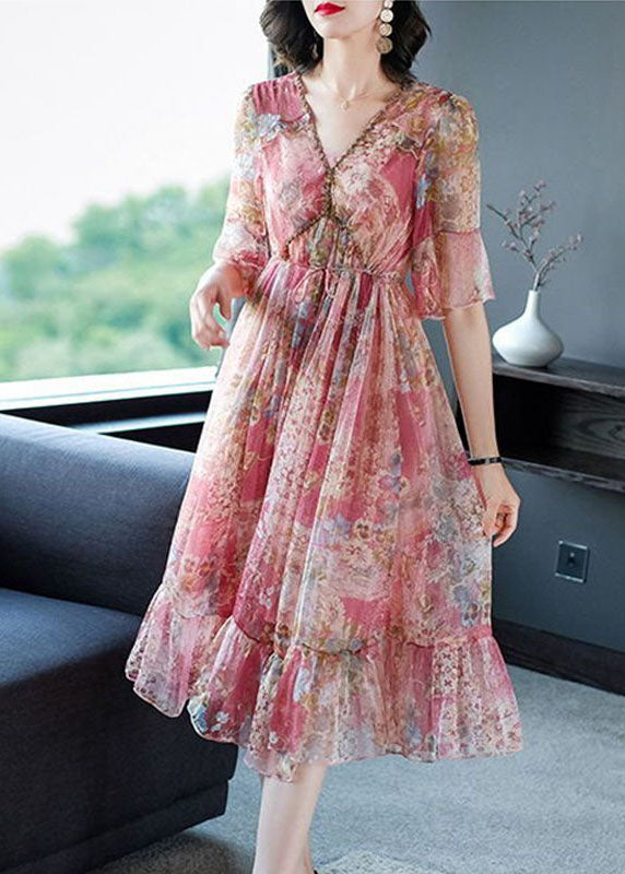 Pink V Neck Print Chiffon Long Dresses Summer