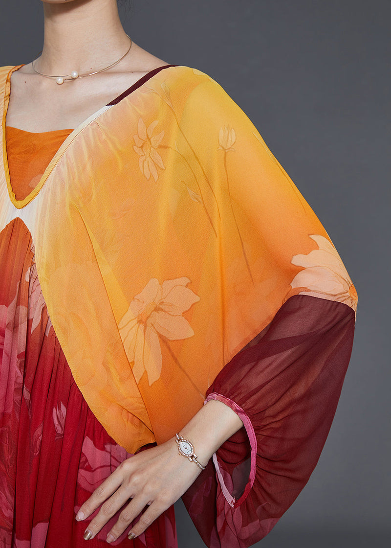 Orange Oversized Print Chiffon Holiday Dress Summer