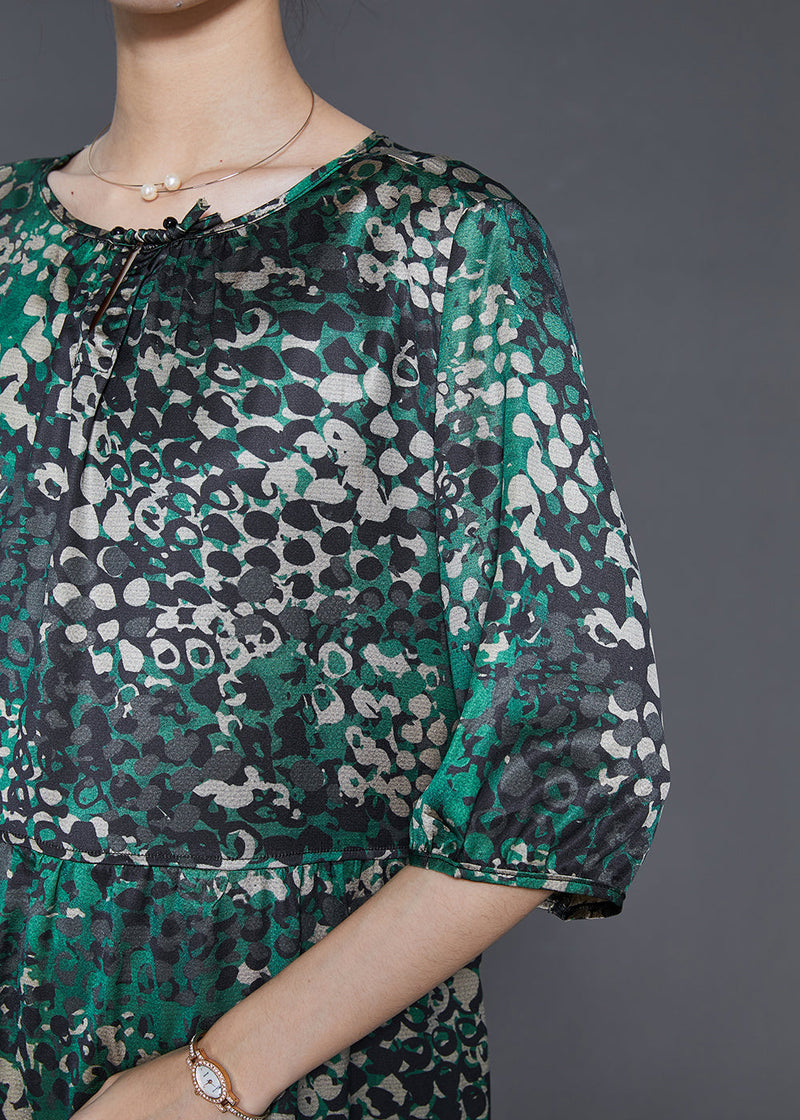 Green Print Tie Waist Silk Dress Summer