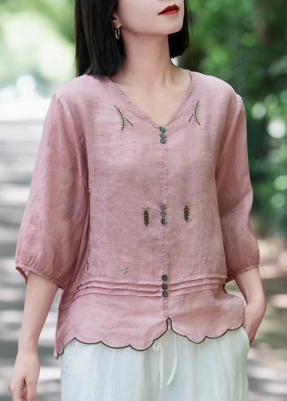 Pink V Neck Embroideried Wrinkled Ramie Tops Fall