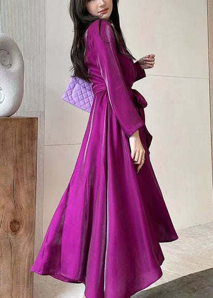Rose V Neck Tie Waist Silk Long Dress Spring
