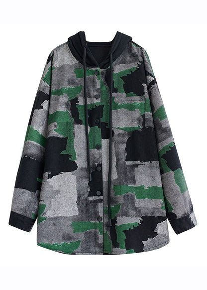 Camouflage Print Wrinkled Hooded Coats Long Sleeve