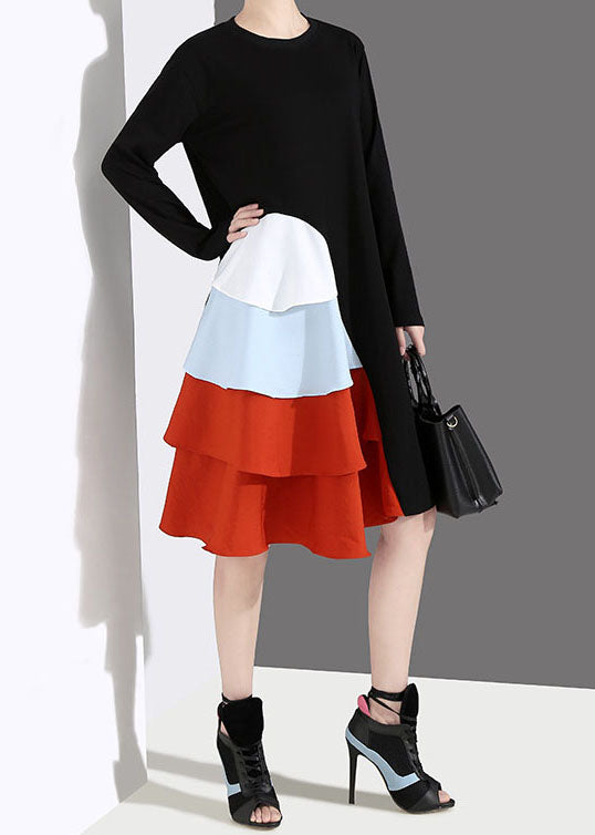 Stylish Black O-neck Ruffles Patchwork Dress Spring
