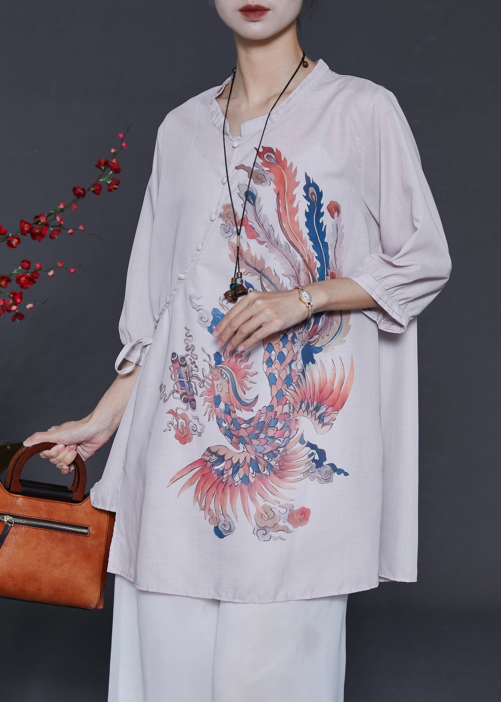 Art Beige Phoenix Print Linen Blouses Bracelet Sleeve
