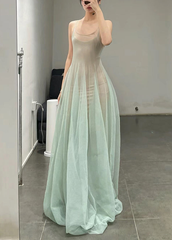 Light Green O-neck Tulle Spaghetti Strap Dress Sleeveless