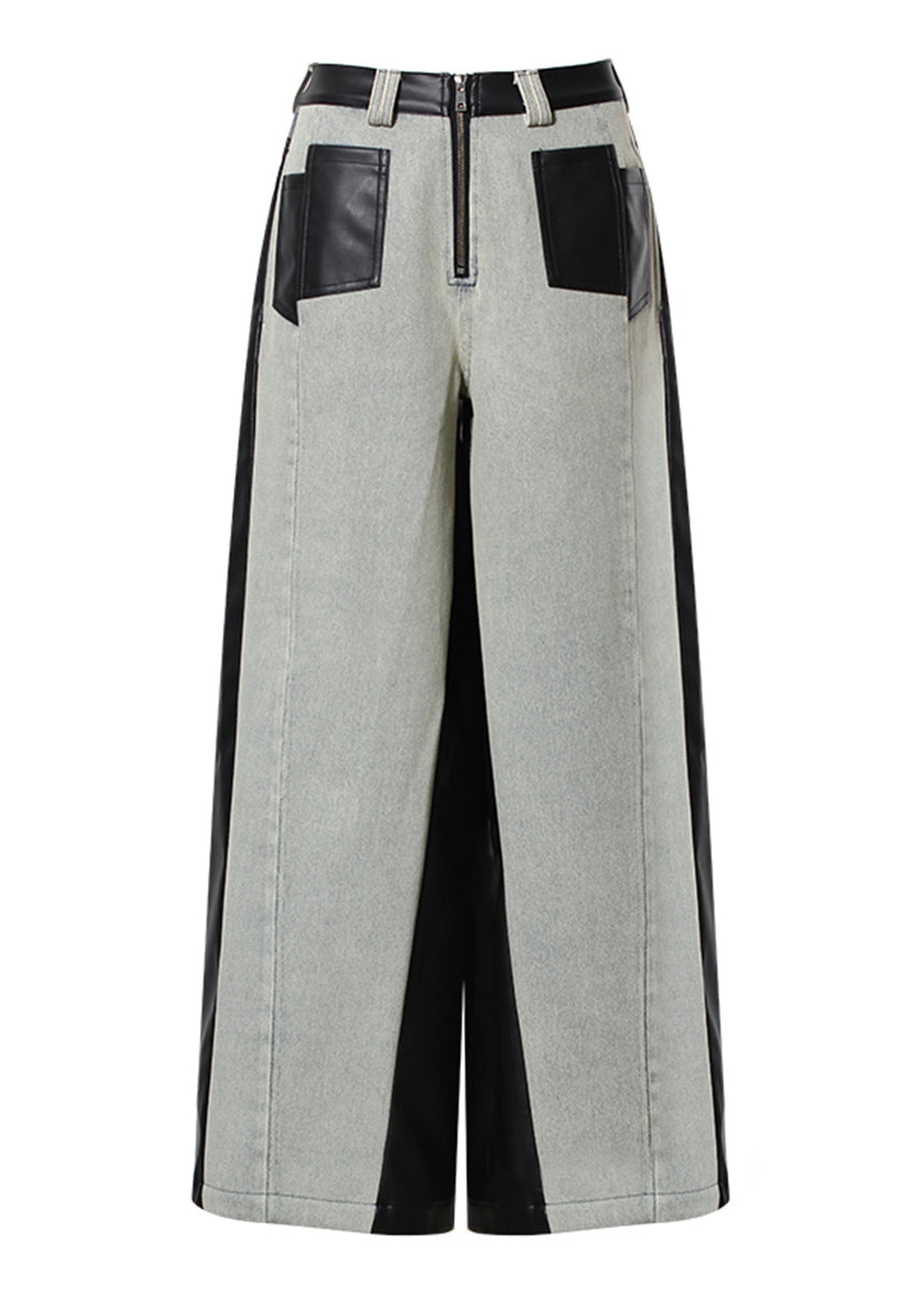 Pockets Faux Leather Patchwork Denim Wide Leg Pants Fall