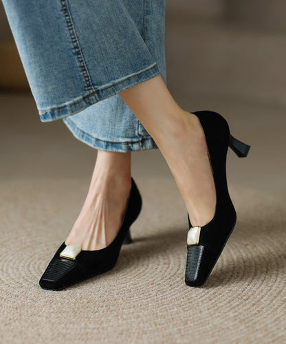 Classy Beige Cowhide Leather High Heels Splicing Square Toe