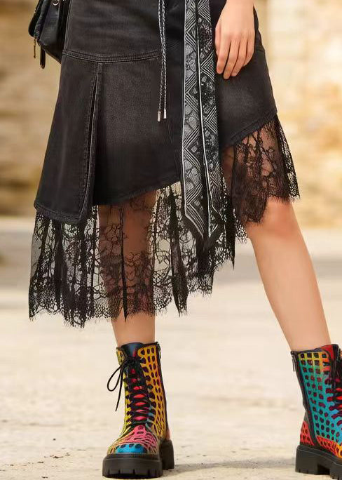 Modern Black Asymmetrical Lace Patchwork Denim Skirts Summer
