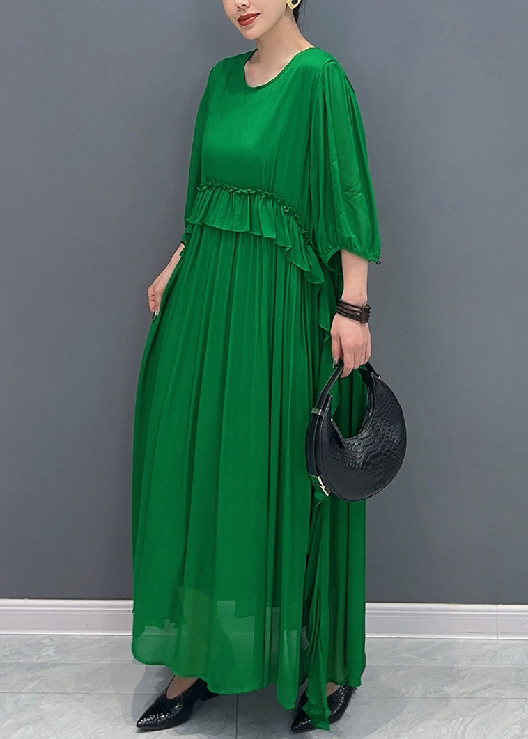 Handmade Green O-neck Ruffled Wrinkled Vacation Chiffon Maxi Dresses Lantern Sleeve