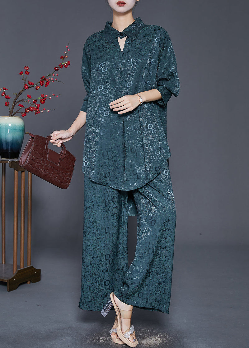 Blackish Green Peter Pan Collar Jacquard Silk Two Pieces Set Fall