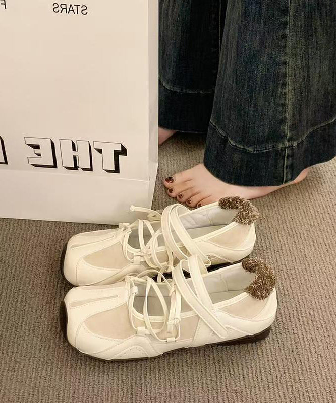 Comfy Beige Lace Up Splicing Flat Feet Shoes