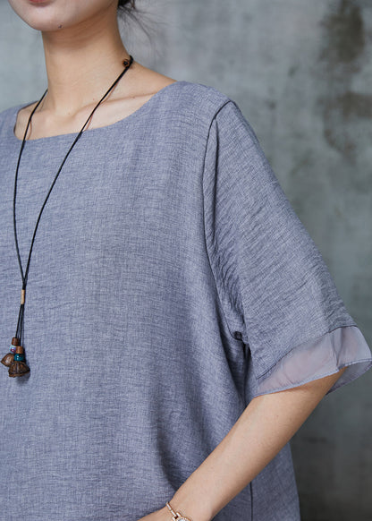 Grey Oversized Patchwork Linen Two Pieces Set Summer