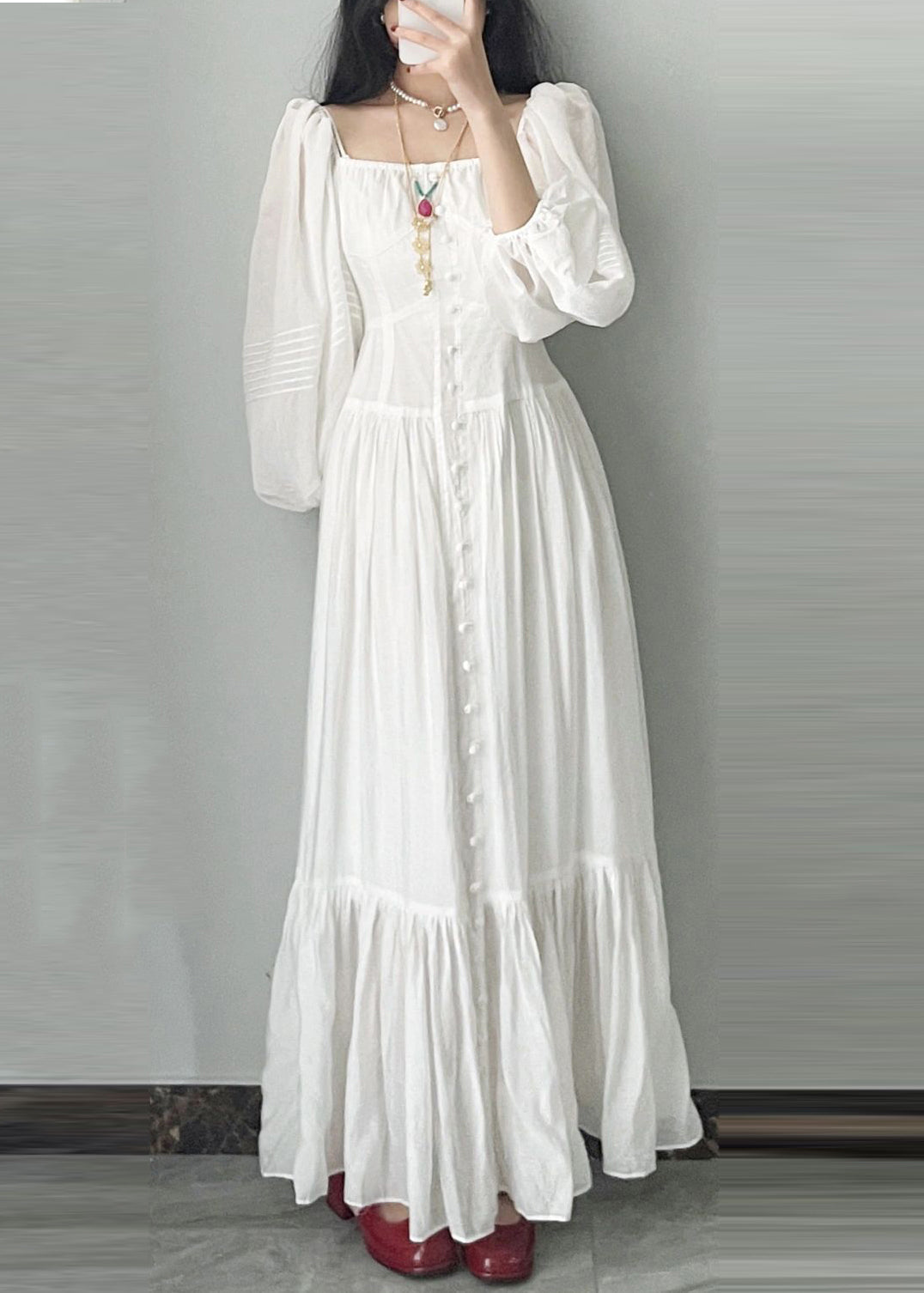 French Square Neck Bubble Sleeve White Vacation Dress Fall