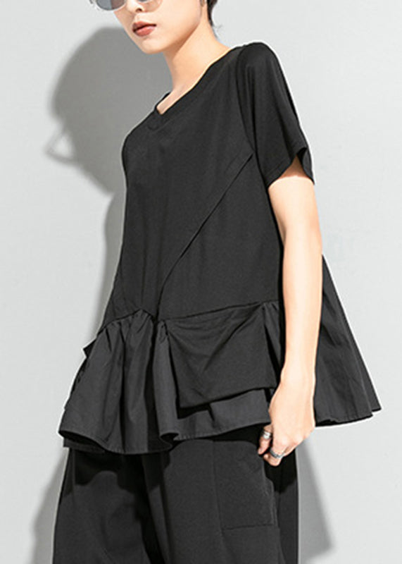 Modern Black O-neck Cinched Patchwork Pockets T Shirt Short Sleeve