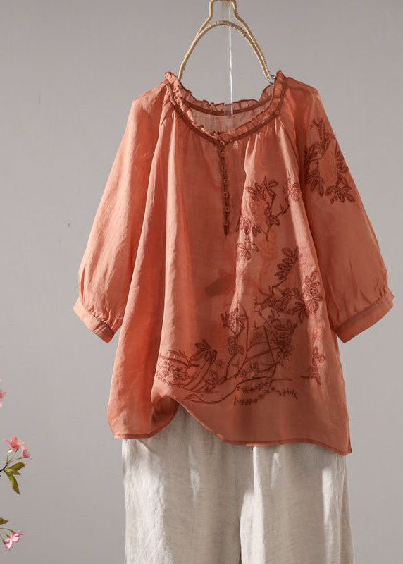 Orange Patchwork Linen T Shirt Embroideried O-neck Half Sleeve