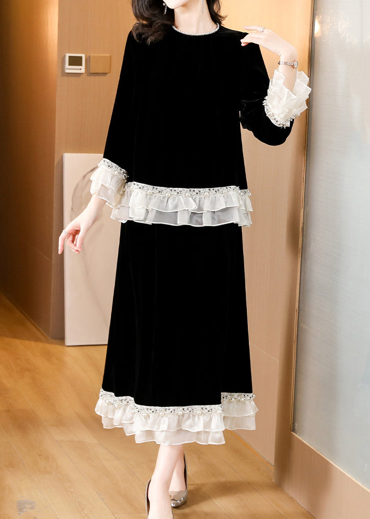 Black Nail Bead Patchwork Silk Velvet Two-piece Set Spring