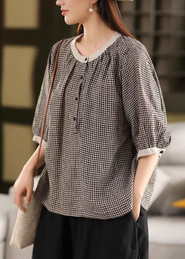 Brown Plaid Linen Top Oversized Half Sleeve Fall