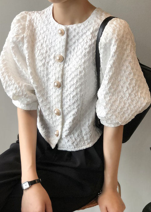 White O Neck Button Cotton Shirt Top Summer