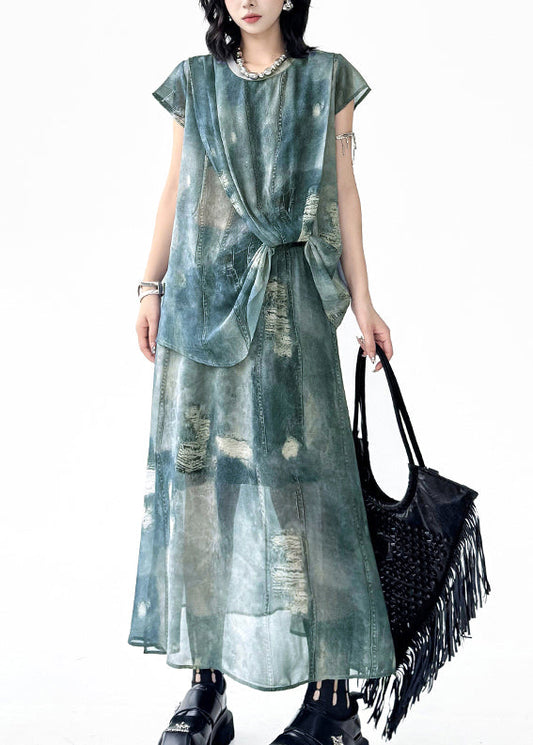 Blue O Neck Ripped Denim Print Two Pieces Set Summer