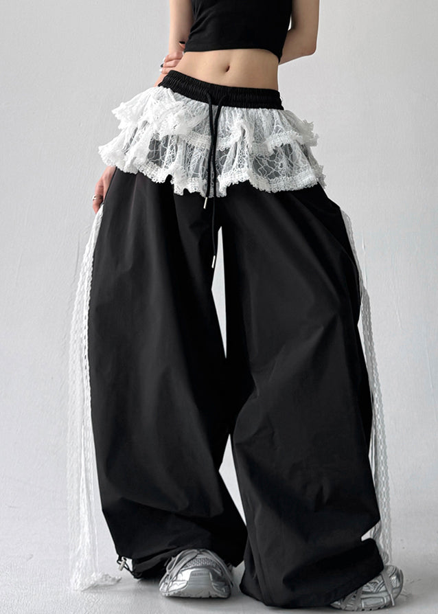 Black Elastic Waist Cotton Fall Pants Lace Asymmetrical Fall