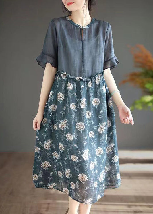 Boutique Blue O-neck Ruffled Print Patchwork Linen Dress Summer