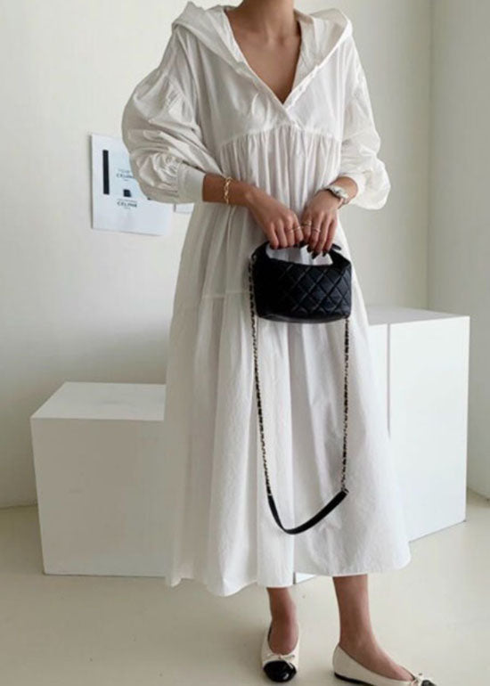 White Hooded Patchwork Cotton Maternity Dresses Spring