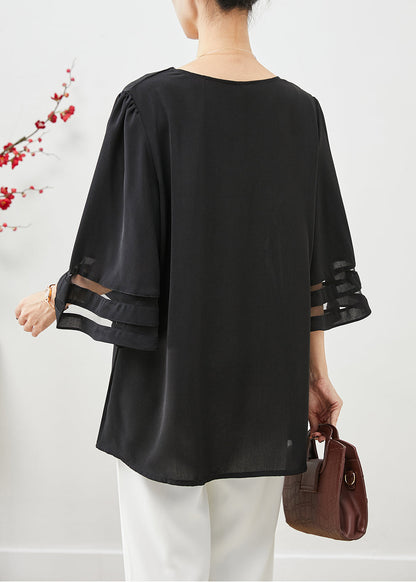 Black V Neck Oversized Chiffon Tops Flare Sleeve