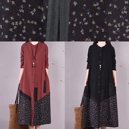 Loose O Neck Pockets Spring Clothes Design Blackish Green Patchwork Print Dresses