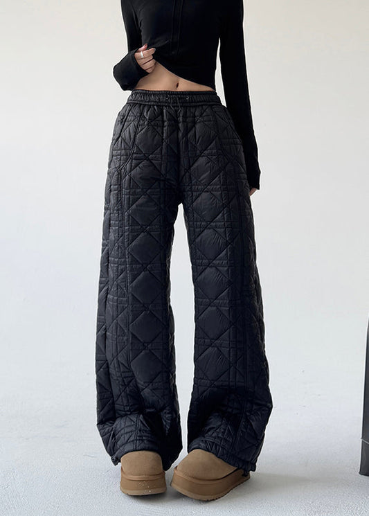 Diy Black Elastic Waist Plaid Fine Cotton Filled Pants Spring