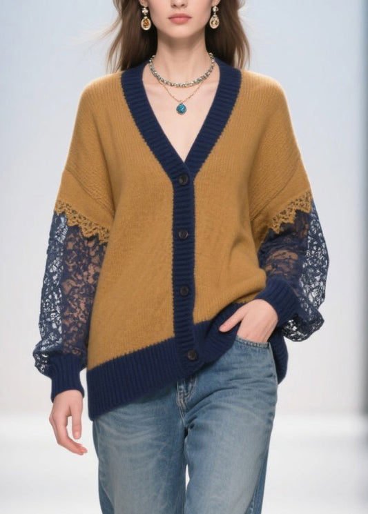 Brown Oversized Hollow Out Patchwork Lace Cardigans Fall